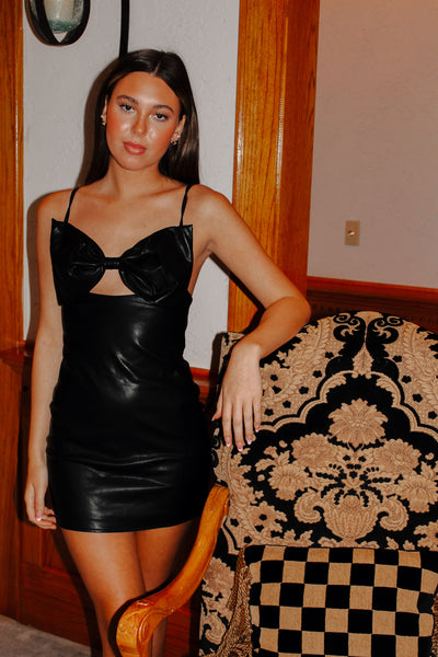 Leather Bow Mini Dress-170 - DRESSES / ROMPERS / SETS-PRETTY GARBAGE-[option4]-[option5]-[option6]-Leather & Lace Boutique Shop