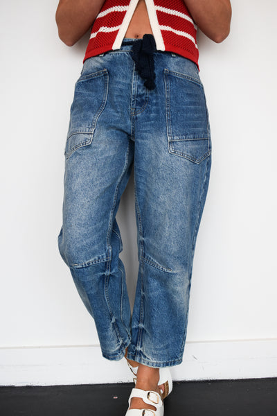 Eyelet Waist Medium Wash Barrel Denim-150 - BOTTOMS - DENIM-AARON AND AMBER-[option4]-[option5]-[option6]-Leather & Lace Boutique Shop