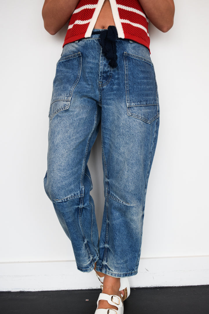 Eyelet Waist Medium Wash Barrel Denim