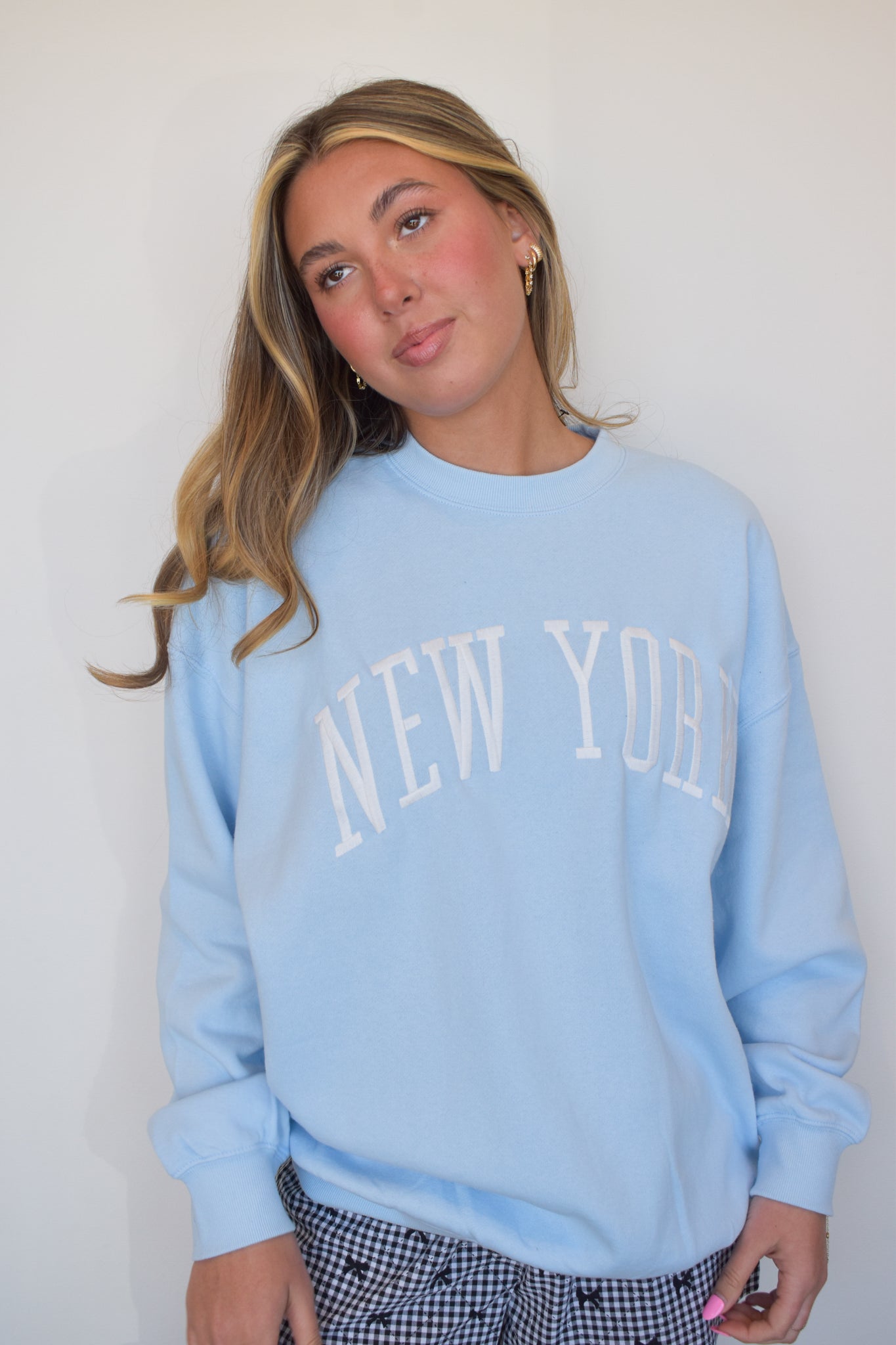 New York Embroidered Crewneck- Light Blue-130 - TOPS - SWEATERS/SWEATSHIRTS-REFLEX-[option4]-[option5]-[option6]-Leather & Lace Boutique Shop