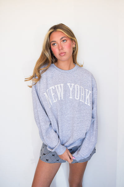New York Embroidered Crewneck- Heather Grey-130 - TOPS - SWEATERS/SWEATSHIRTS-REFLEX-[option4]-[option5]-[option6]-Leather & Lace Boutique Shop