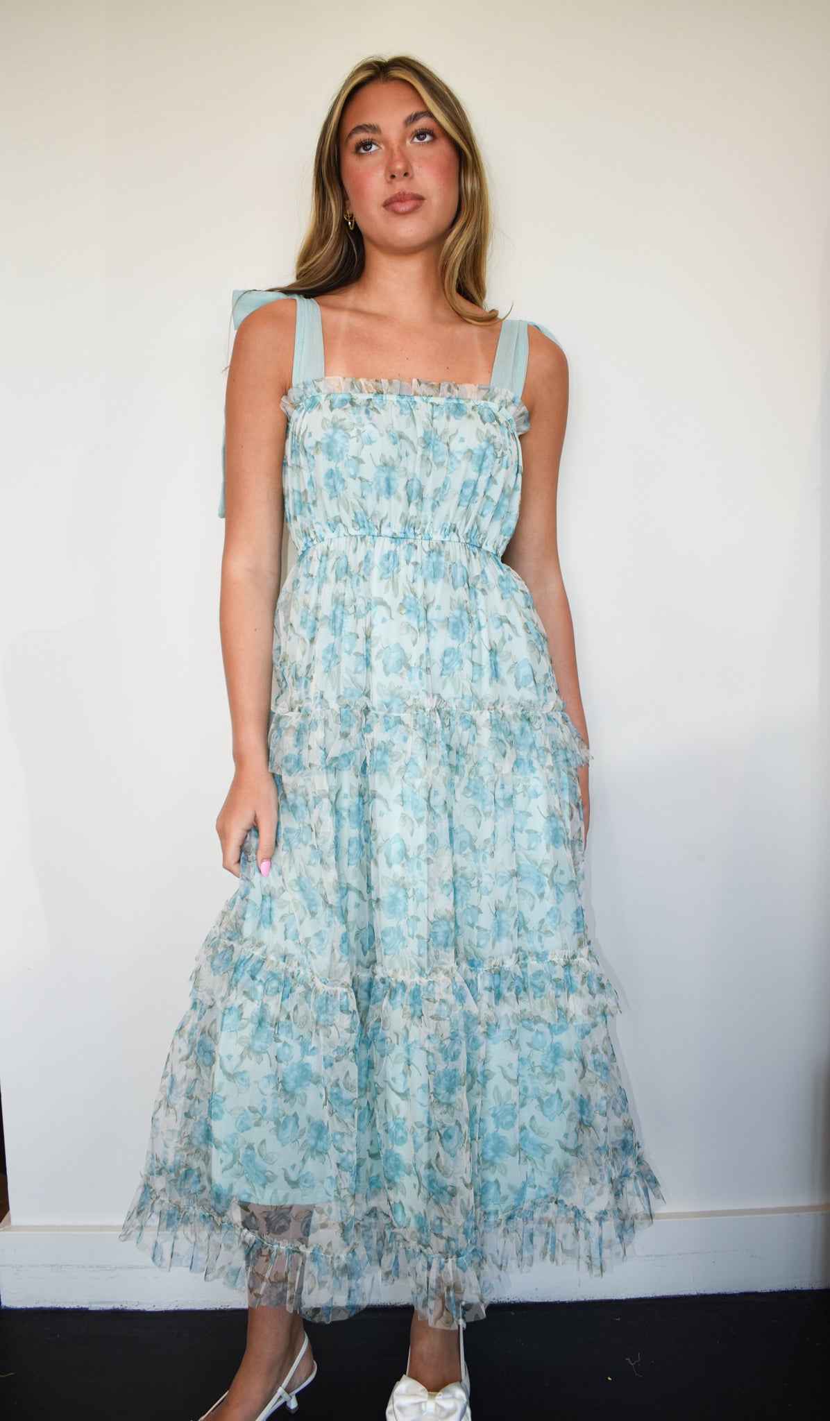 Floral Tie Strap Tiered Maxi Dress- Blue-170 - DRESSES-BLU PEPPER-[option4]-[option5]-[option6]-Leather & Lace Boutique Shop