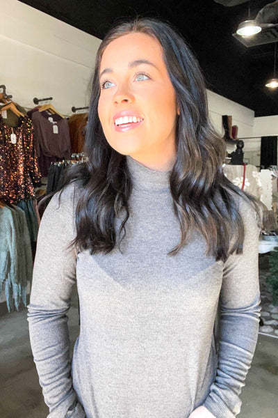 Ribbed Mockneck Long Sleeve Top - Charcoal-110 - TOPS - LONG SLEEVE-MITTOSHOP-[option4]-[option5]-[option6]-Leather & Lace Boutique Shop