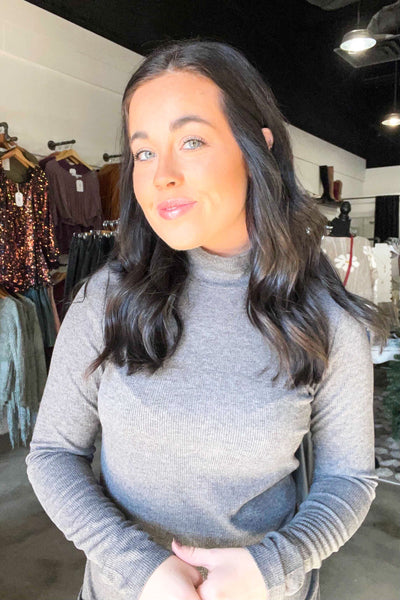 Ribbed Mockneck Long Sleeve Top - Charcoal-110 - TOPS - LONG SLEEVE-MITTOSHOP-[option4]-[option5]-[option6]-Leather & Lace Boutique Shop