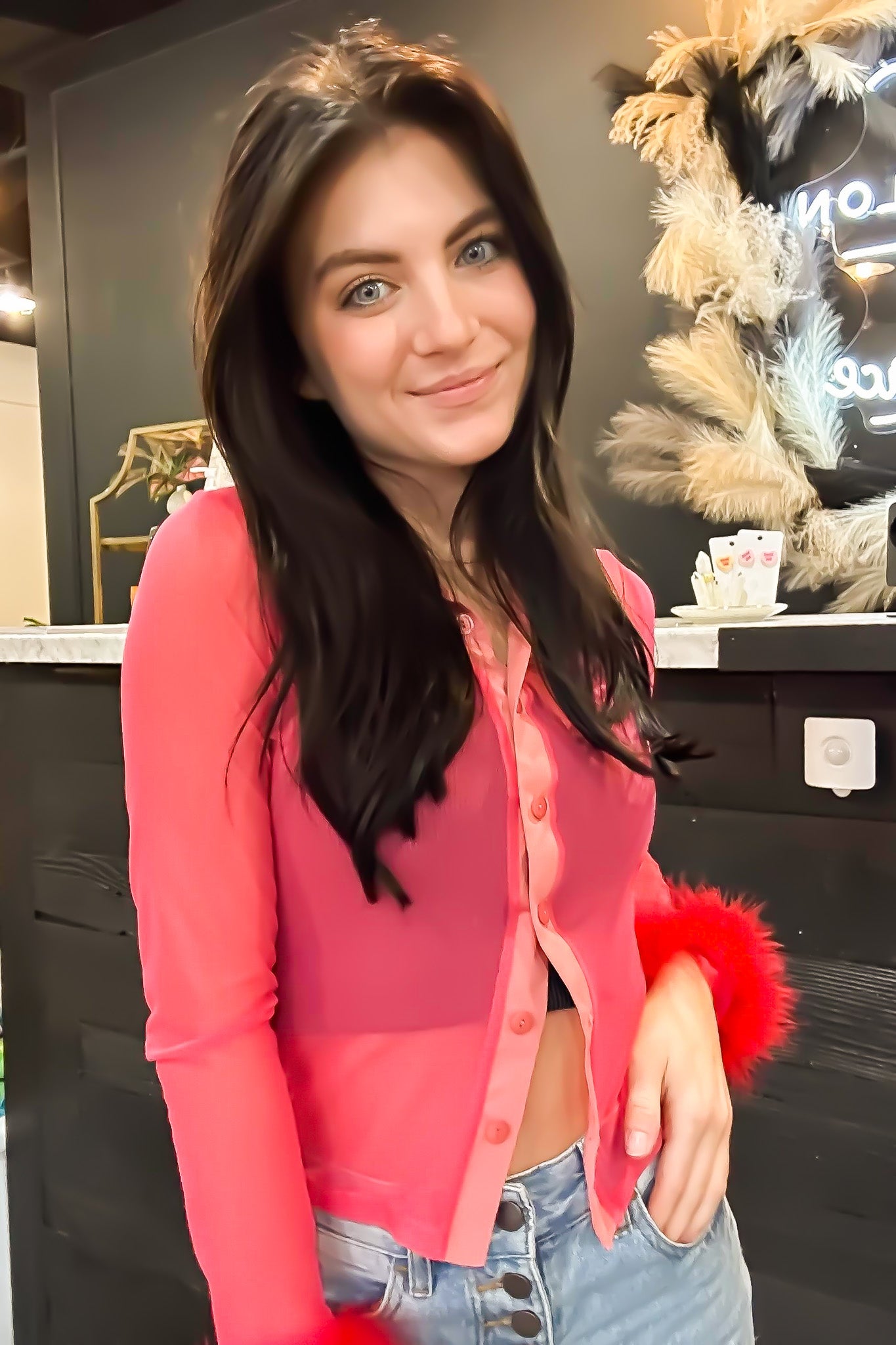 Ex's and Oh's Mesh Button Up - Coral-110 - TOPS - LONG SLEEVE-SHELLY CLOTHING-[option4]-[option5]-[option6]-Leather & Lace Boutique Shop