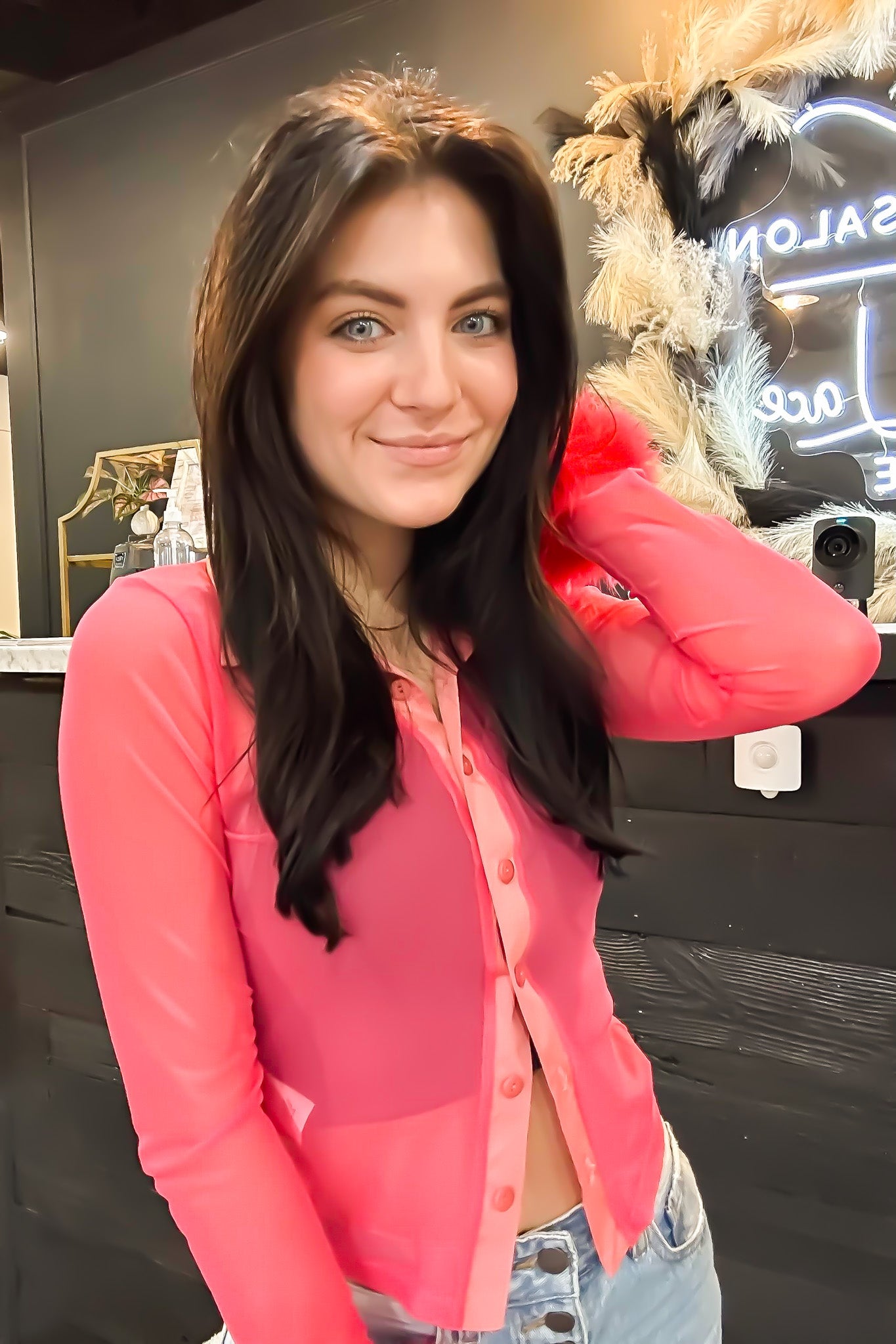 Ex's and Oh's Mesh Button Up - Coral-110 - TOPS - LONG SLEEVE-SHELLY CLOTHING-[option4]-[option5]-[option6]-Leather & Lace Boutique Shop