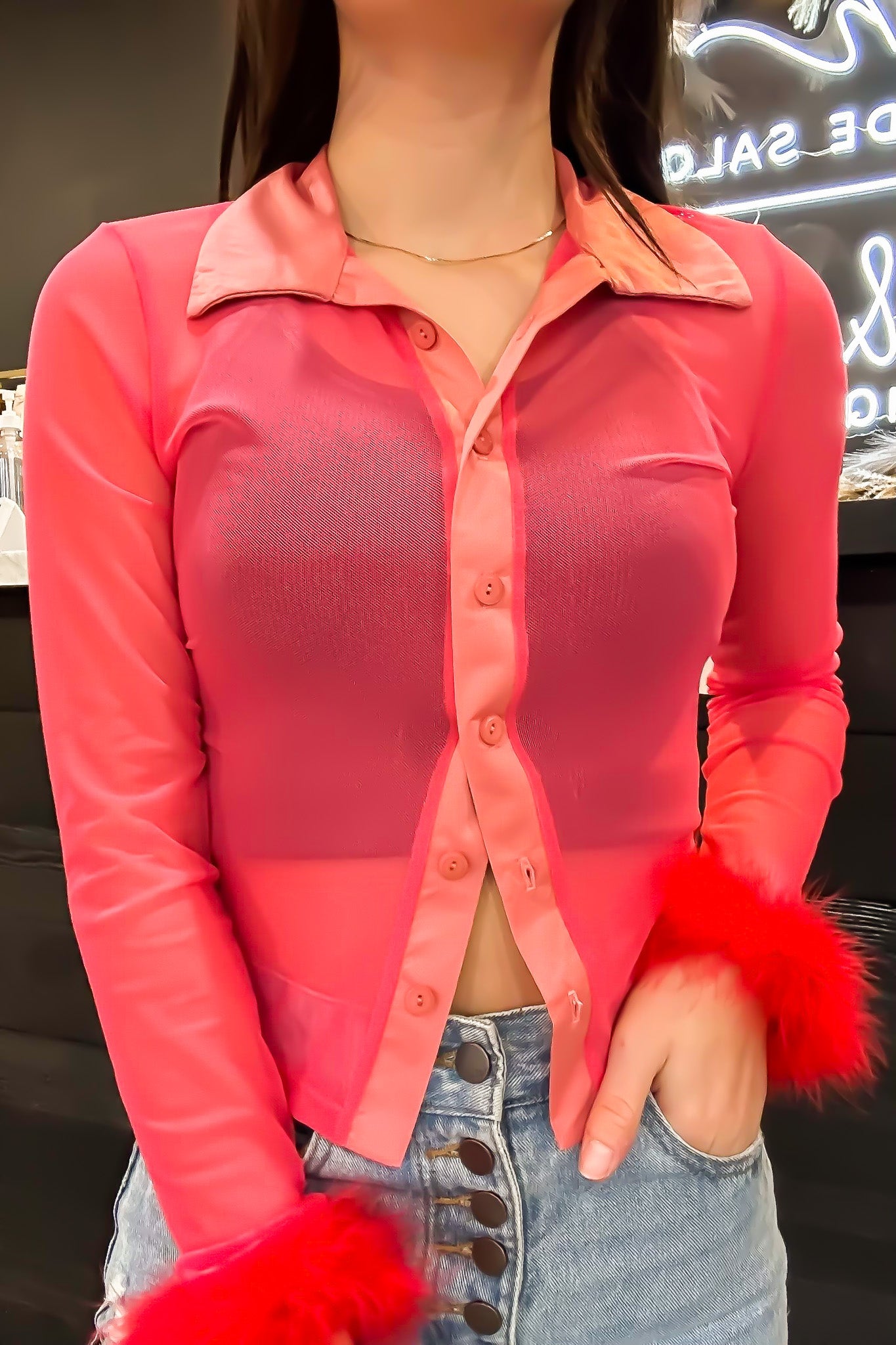 Ex's and Oh's Mesh Button Up - Coral-110 - TOPS - LONG SLEEVE-SHELLY CLOTHING-[option4]-[option5]-[option6]-Leather & Lace Boutique Shop