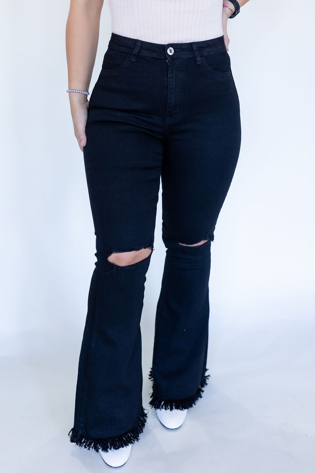 Ripped Knee Black Flares-150 - BOTTOMS - DENIM-JC & JQ-[option4]-[option5]-[option6]-Leather & Lace Boutique Shop