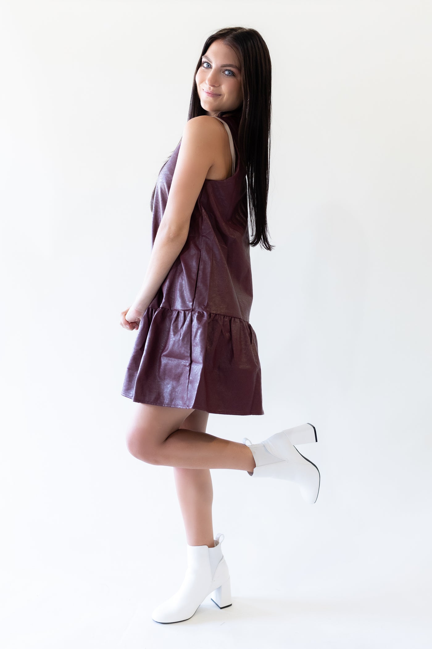 Leather Dropped Waist Dress - Burgundy-170 - DRESSES / ROMPERS / SETS-TCEC-[option4]-[option5]-[option6]-Leather & Lace Boutique Shop