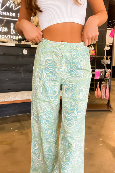 Groovy Wide Leg Patterned Denim-160 - BOTTOMS - OTHER-TIMING-Green Multi-S-[option4]-[option5]-[option6]-Leather & Lace Boutique Shop