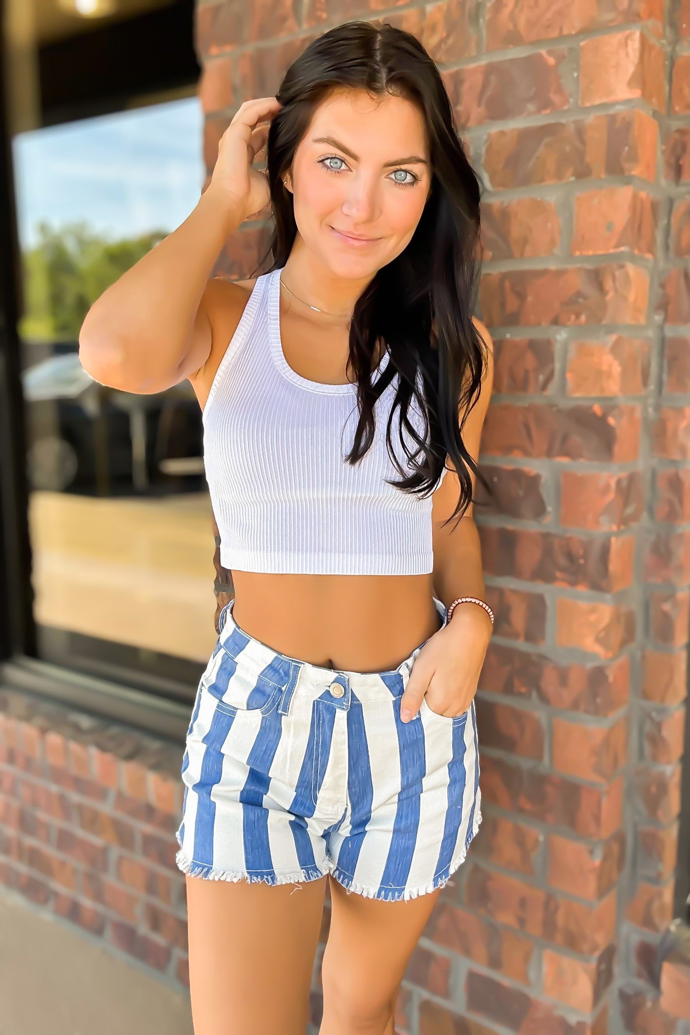 Saylor High Waisted Striped Denim Shorts-160 - BOTTOMS - OTHER-WISTERIA LANE-[option4]-[option5]-[option6]-Leather & Lace Boutique Shop