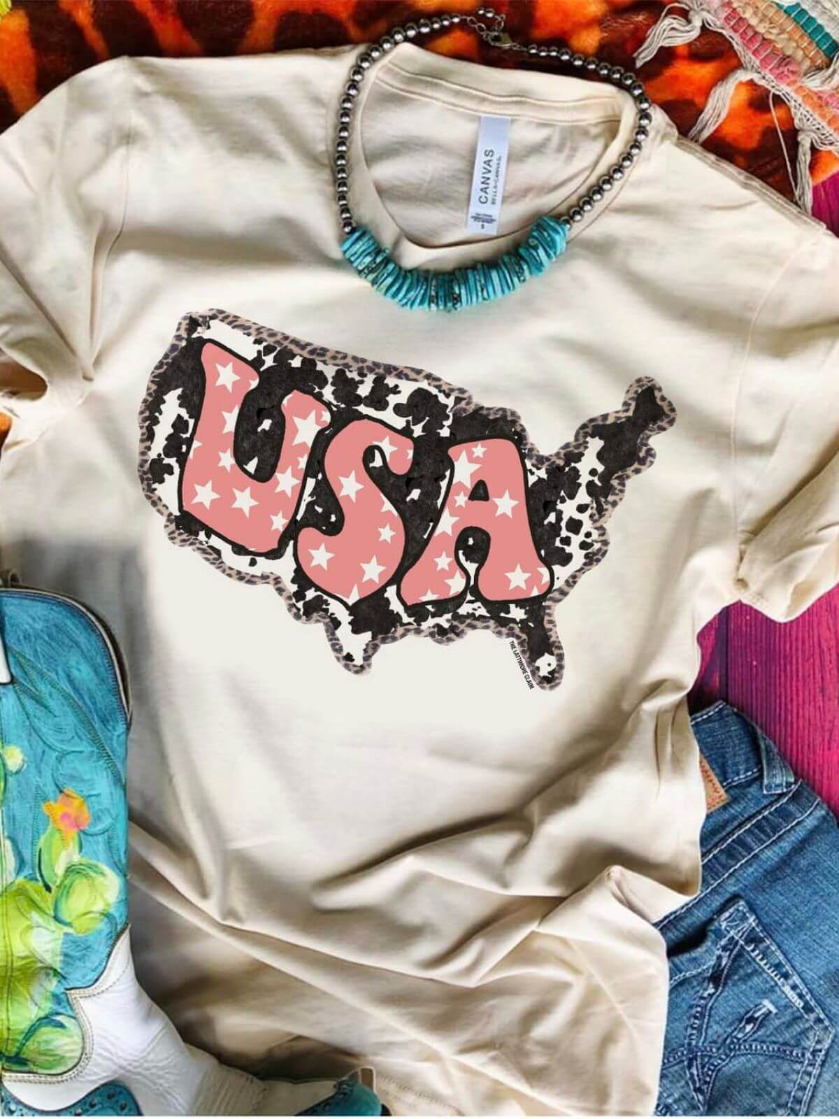 Cow Print USA Graphic Tee-210 - TOPS - GRAPHIC TEES DROPSHIP-Miss Mudpie-[option4]-[option5]-[option6]-Leather & Lace Boutique Shop