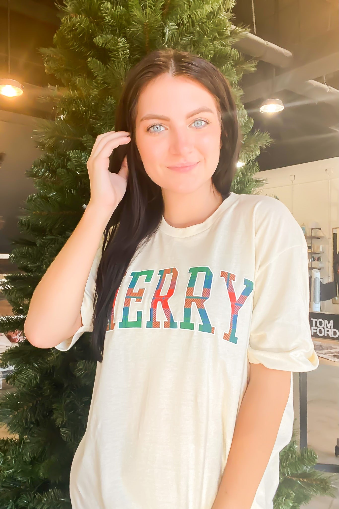 Plaid Merry Tee-120 - TOPS - GRAPHIC TEES-OLIVER & OTIS-[option4]-[option5]-[option6]-Leather & Lace Boutique Shop