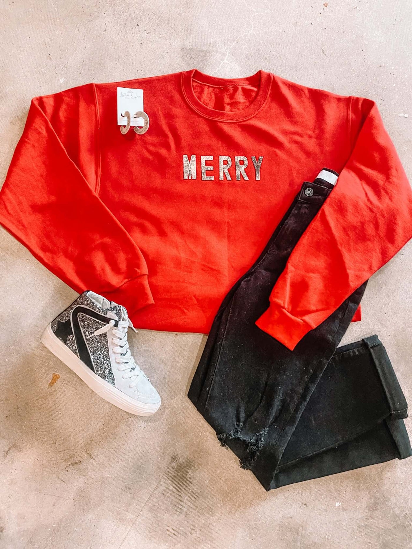 Merry & Bright Rhinestone Graphic Sweatshirt-135 - DEMAND GRAPHIC-LEATHER & LACE-[option4]-[option5]-[option6]-Leather & Lace Boutique Shop
