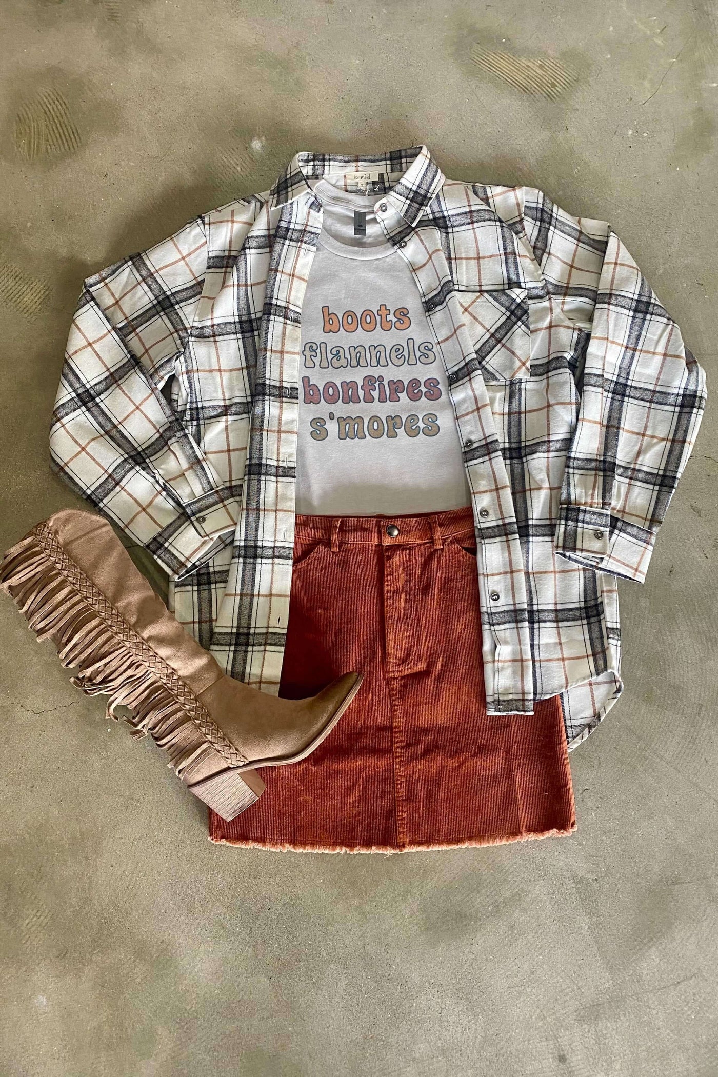 Bonfires Flannels Boots Smores Graphic Tee-135 - DEMAND GRAPHIC-LEATHER & LACE-[option4]-[option5]-[option6]-Leather & Lace Boutique Shop