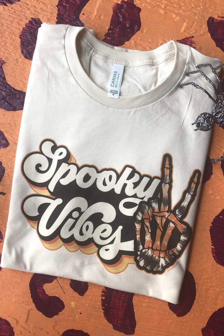 Spooky Vibes Skeleton Peace Tee - White-210 - TOPS - GRAPHIC TEES DROPSHIP-Miss Mudpie-[option4]-[option5]-[option6]-Leather & Lace Boutique Shop