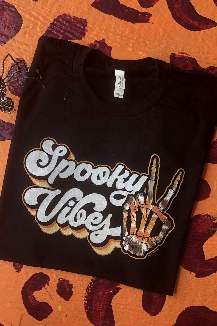 Spooky Vibes Skeleton Peace Tee - Black-210 - TOPS - GRAPHIC TEES DROPSHIP-Miss Mudpie-[option4]-[option5]-[option6]-Leather & Lace Boutique Shop