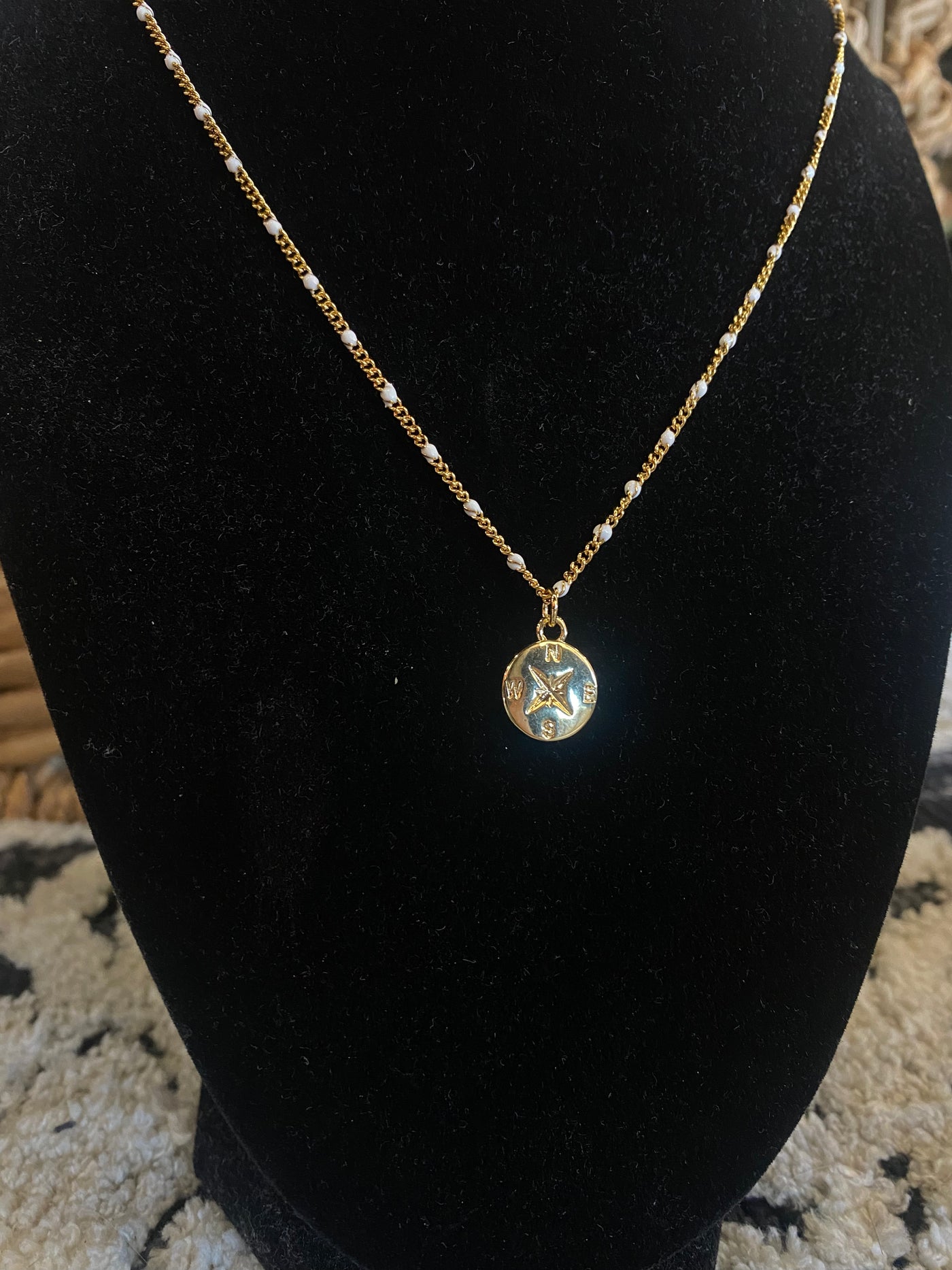 14K Jewelry Sale-190 - ACCESSORIES - JEWELRY-Leather & Lace - Tuscaloosa/Birmingham-White & Gold Beaded Compass Necklace-[option4]-[option5]-[option6]-Leather & Lace Boutique Shop
