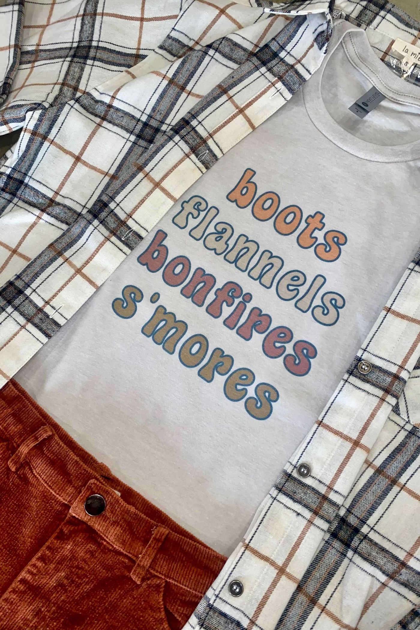 Bonfires Flannels Boots Smores Graphic Tee-135 - DEMAND GRAPHIC-LEATHER & LACE-[option4]-[option5]-[option6]-Leather & Lace Boutique Shop