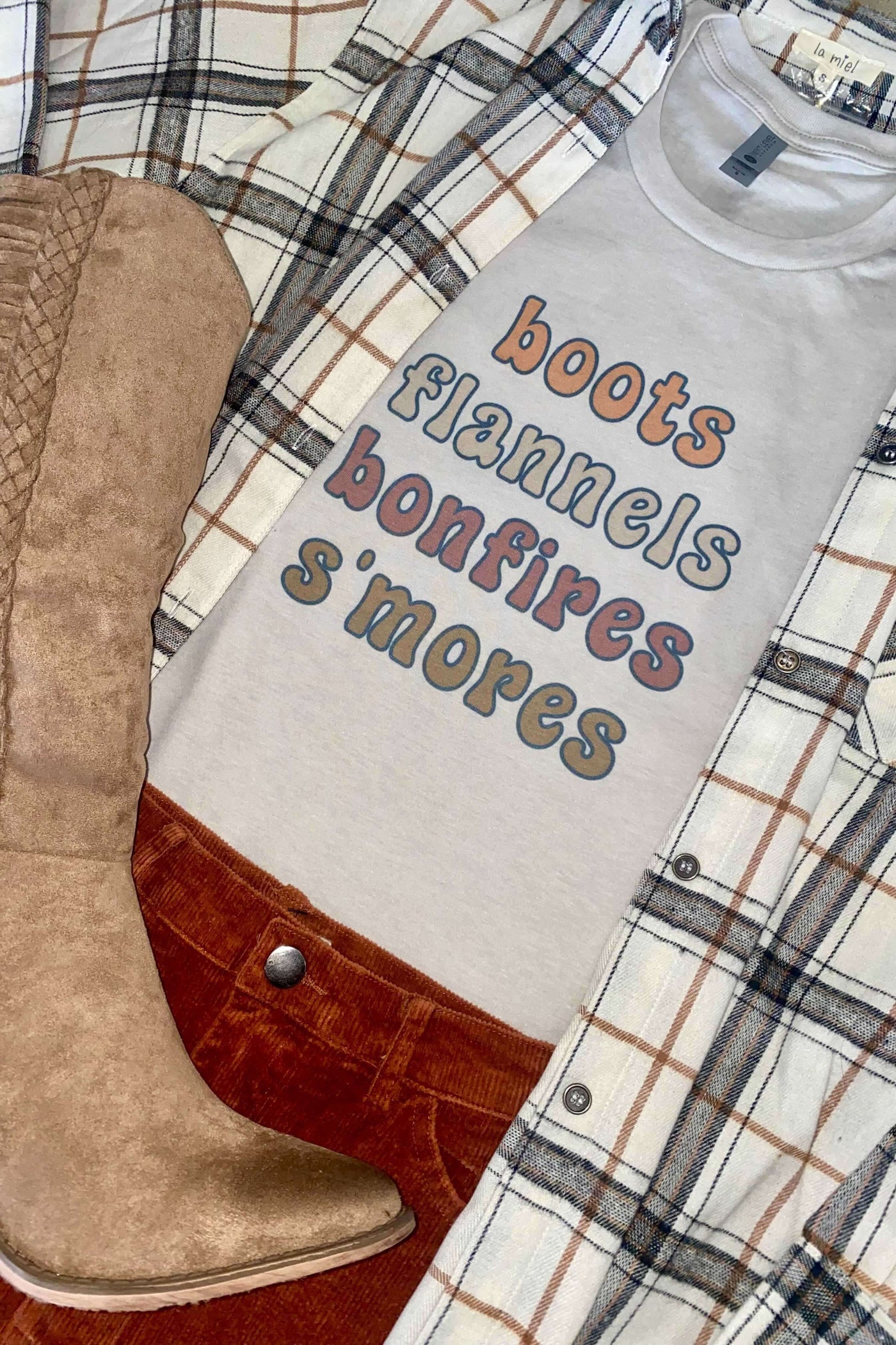 Bonfires Flannels Boots Smores Graphic Tee-135 - DEMAND GRAPHIC-LEATHER & LACE-[option4]-[option5]-[option6]-Leather & Lace Boutique Shop