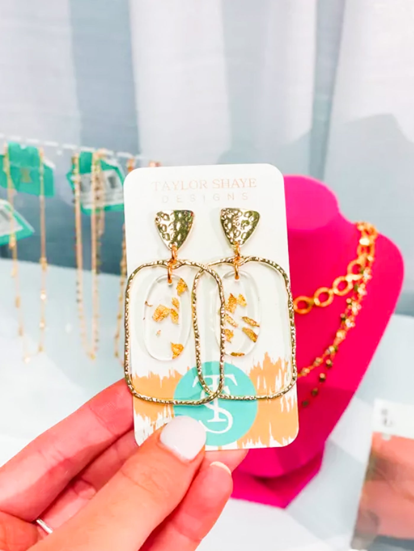 Gold Leaf Acrylic Rectangle Drop Hoops-190 - ACCESSORIES - JEWELRY-TAYLOR SHAYE-[option4]-[option5]-[option6]-Leather & Lace Boutique Shop